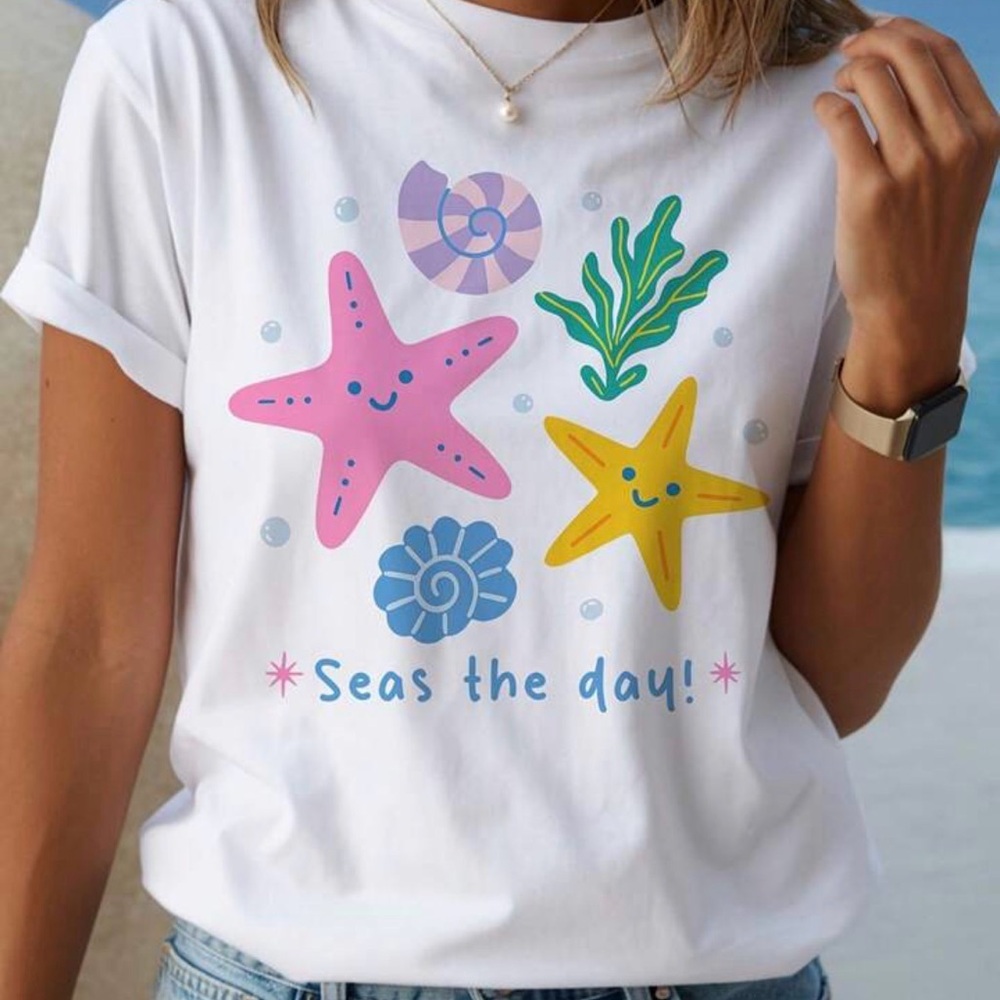 Seas the Day White Graphic Tee with Pink & Yellow Starfish - Women